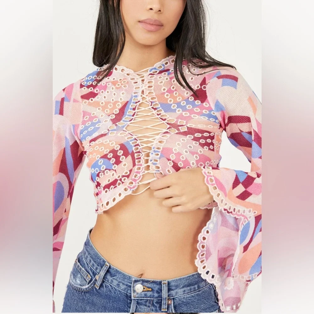 NWT Free People Eyes On You Lace Up Top Pacific Combo RARE TRIM COLOR XS
